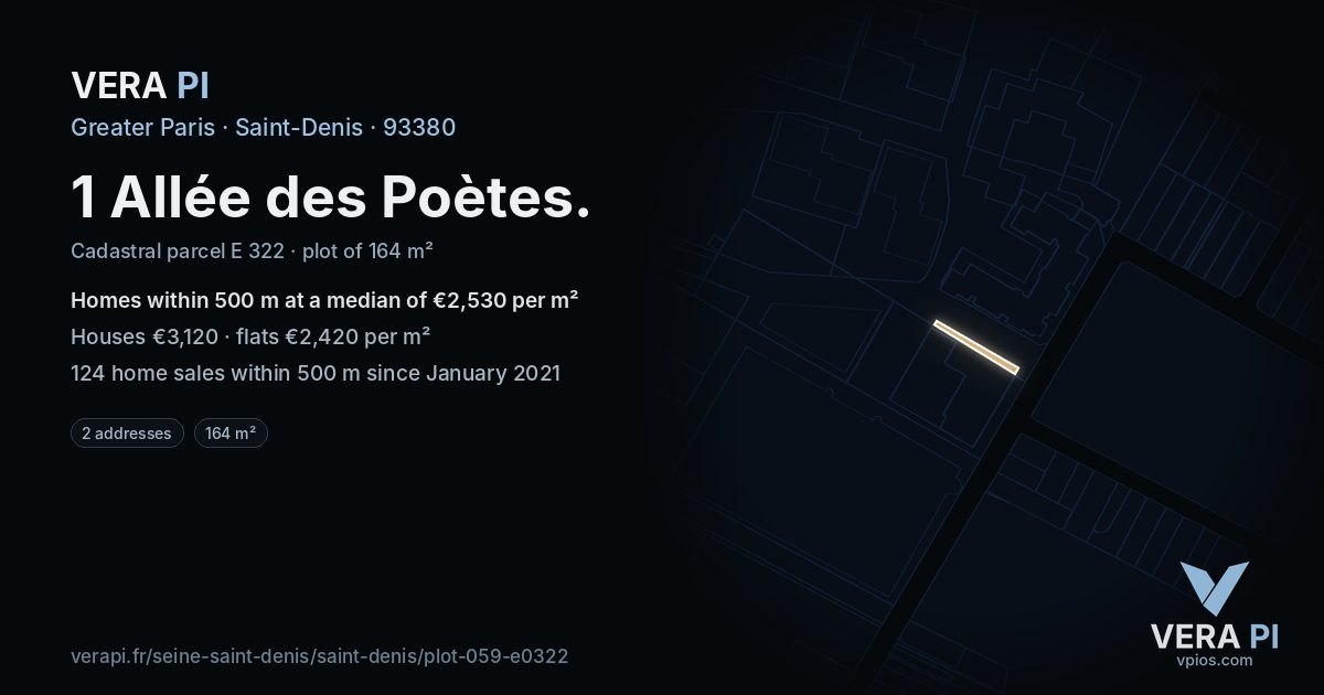 1 Allée des Poètes, Saint-Denis at night – the plot lit, the parcels around coloured by the prices near them