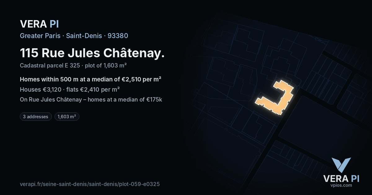 115 Rue Jules Châtenay, Saint-Denis at night – the plot lit, the parcels around coloured by the prices near them