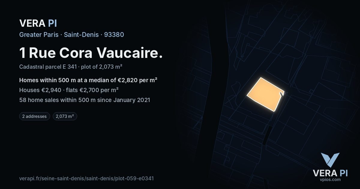 1 Rue Cora Vaucaire, Saint-Denis at night – the plot lit, the parcels around coloured by the prices near them