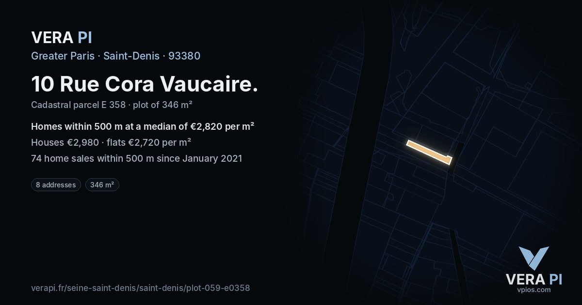 10 Rue Cora Vaucaire, Saint-Denis at night – the plot lit, the parcels around coloured by the prices near them