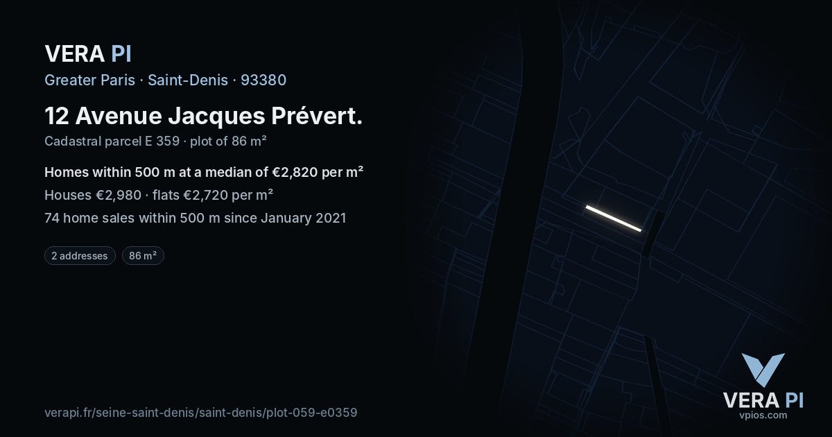 12 Avenue Jacques Prévert, Saint-Denis at night – the plot lit, the parcels around coloured by the prices near them