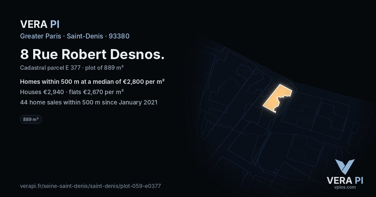 8 Rue Robert Desnos, Saint-Denis at night – the plot lit, the parcels around coloured by the prices near them
