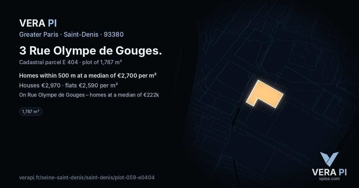 3 Rue Olympe de Gouges, Saint-Denis at night – the plot lit, the parcels around coloured by the prices near them