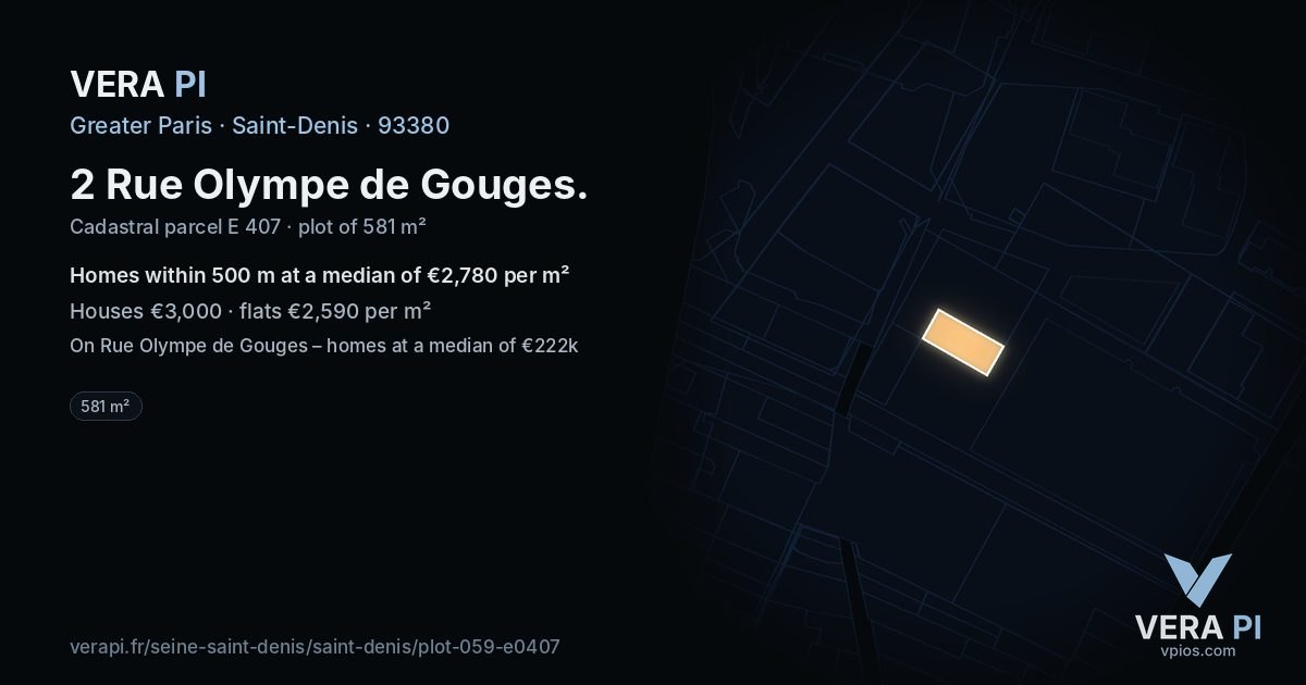 2 Rue Olympe de Gouges, Saint-Denis at night – the plot lit, the parcels around coloured by the prices near them