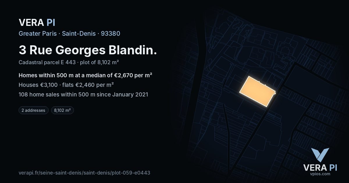 3 Rue Georges Blandin, Saint-Denis at night – the plot lit, the parcels around coloured by the prices near them