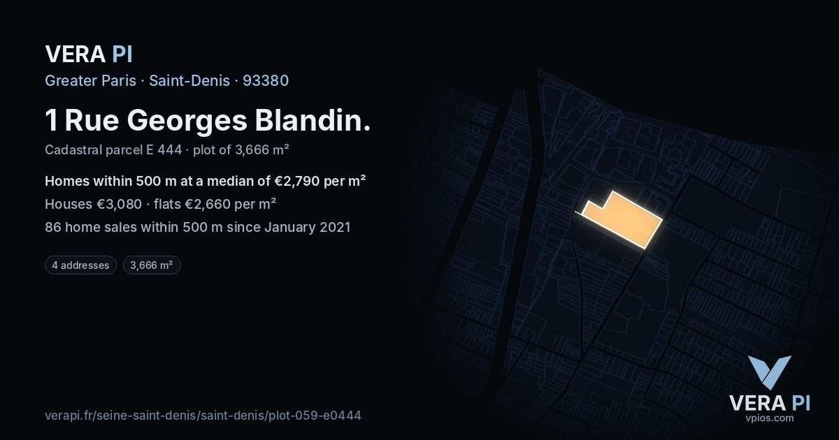 1 Rue Georges Blandin, Saint-Denis at night – the plot lit, the parcels around coloured by the prices near them