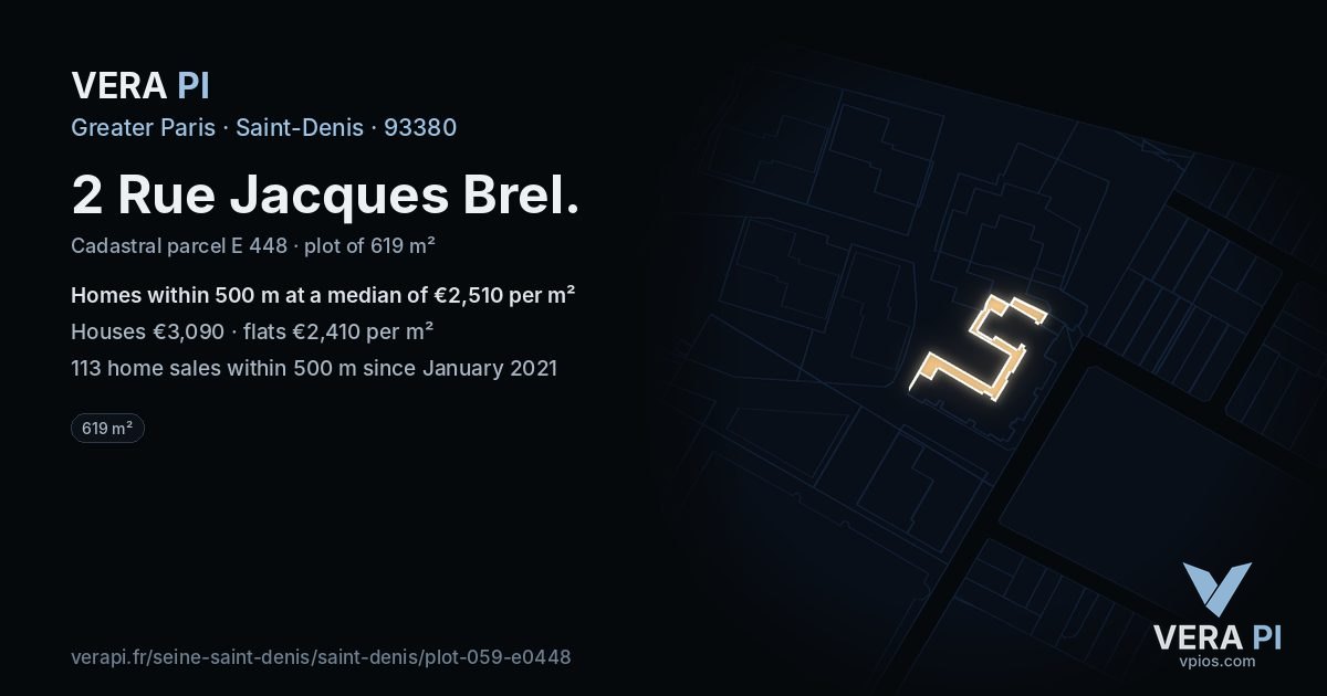 2 Rue Jacques Brel, Saint-Denis at night – the plot lit, the parcels around coloured by the prices near them
