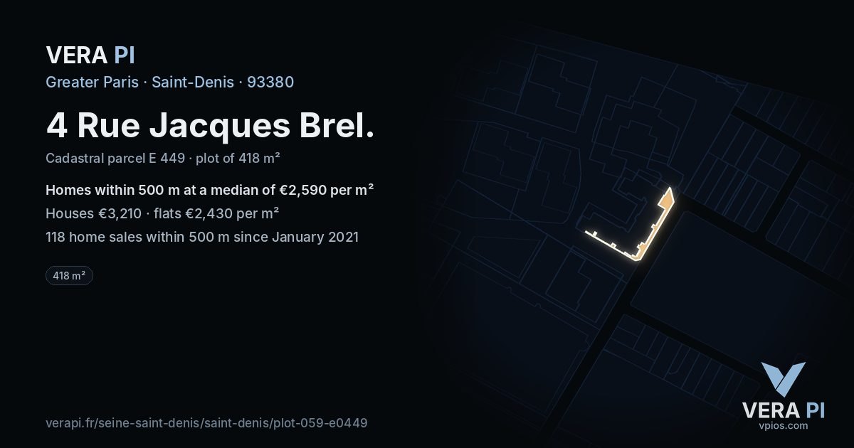 4 Rue Jacques Brel, Saint-Denis at night – the plot lit, the parcels around coloured by the prices near them