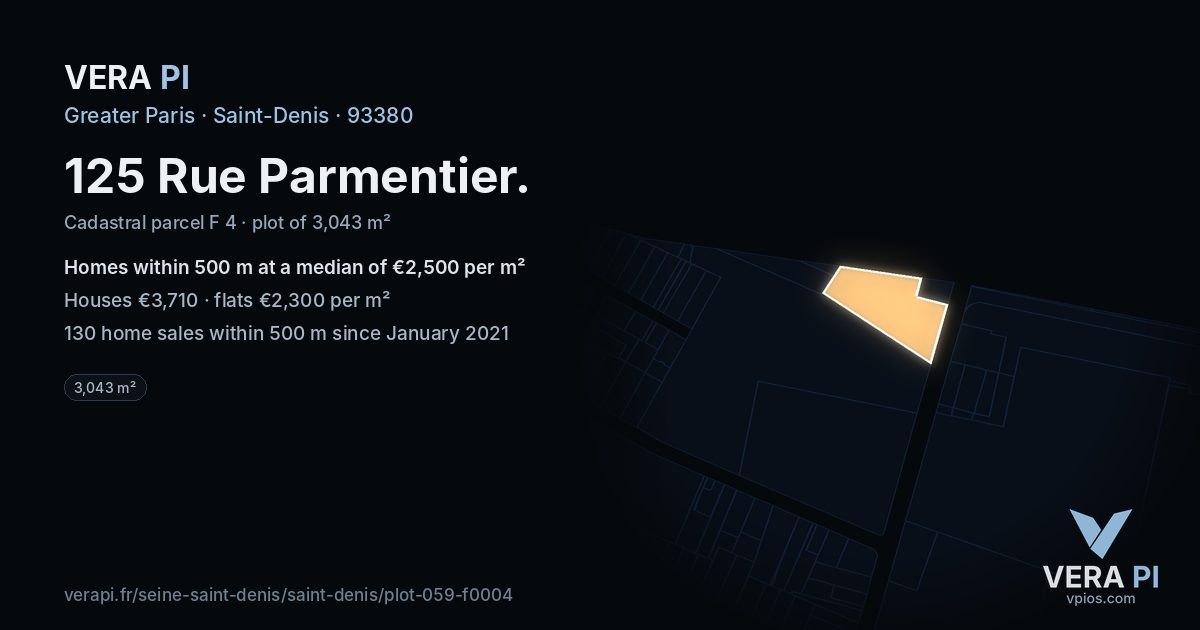 125 Rue Parmentier, Saint-Denis at night – the plot lit, the parcels around coloured by the prices near them