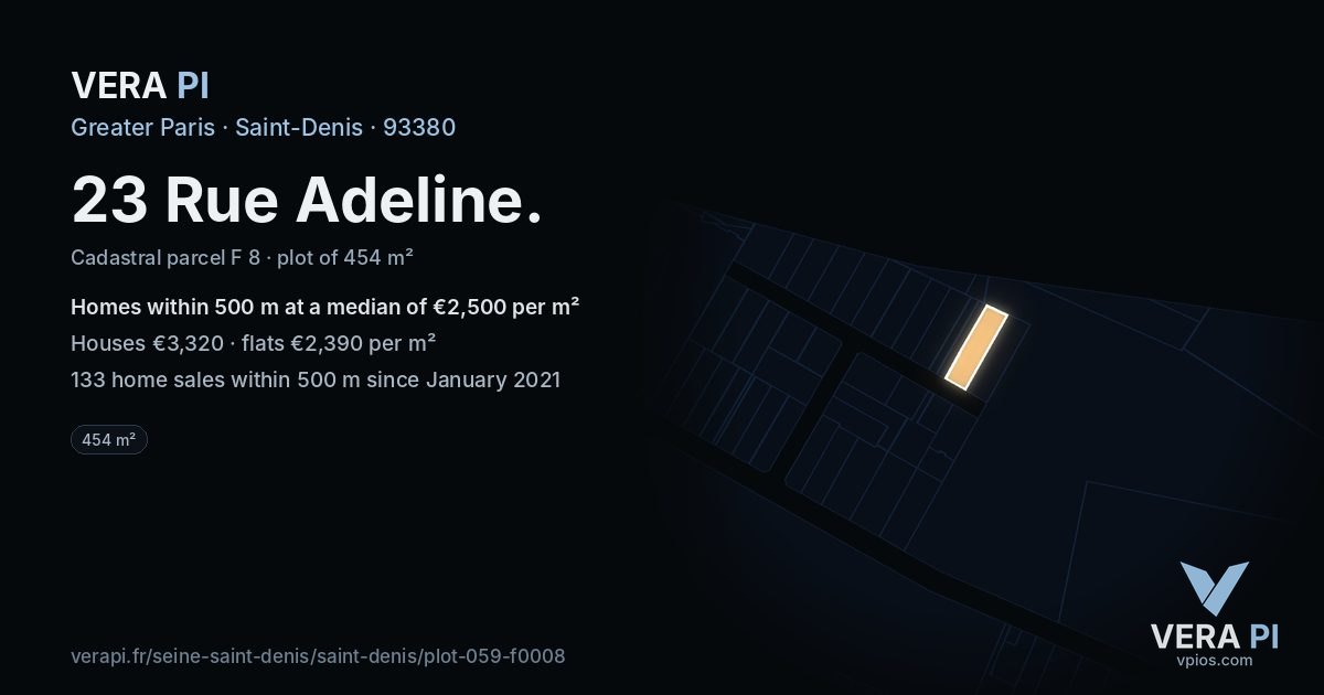 23 Rue Adeline, Saint-Denis at night – the plot lit, the parcels around coloured by the prices near them