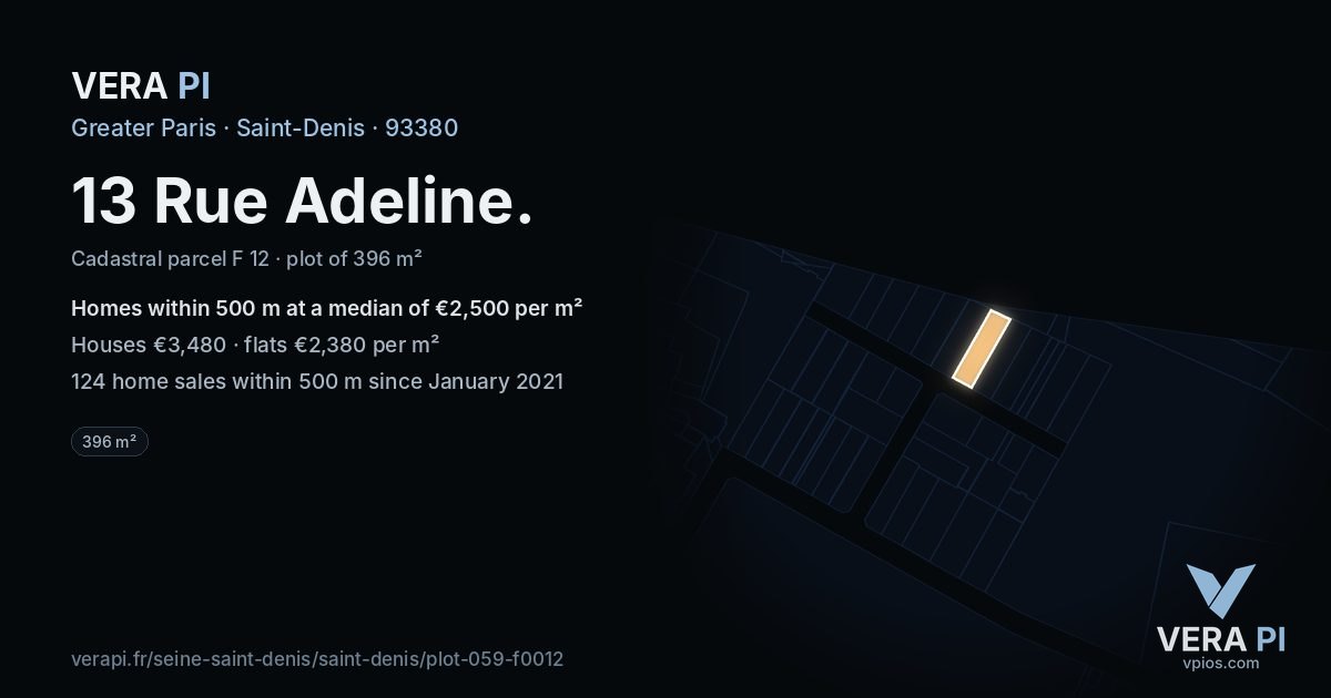 13 Rue Adeline, Saint-Denis at night – the plot lit, the parcels around coloured by the prices near them