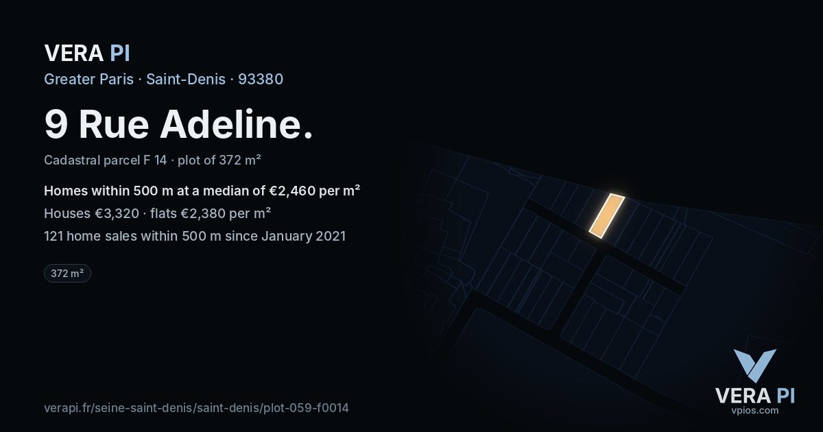 9 Rue Adeline, Saint-Denis at night – the plot lit, the parcels around coloured by the prices near them