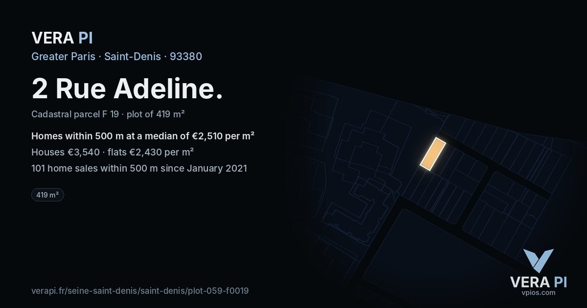 2 Rue Adeline, Saint-Denis at night – the plot lit, the parcels around coloured by the prices near them