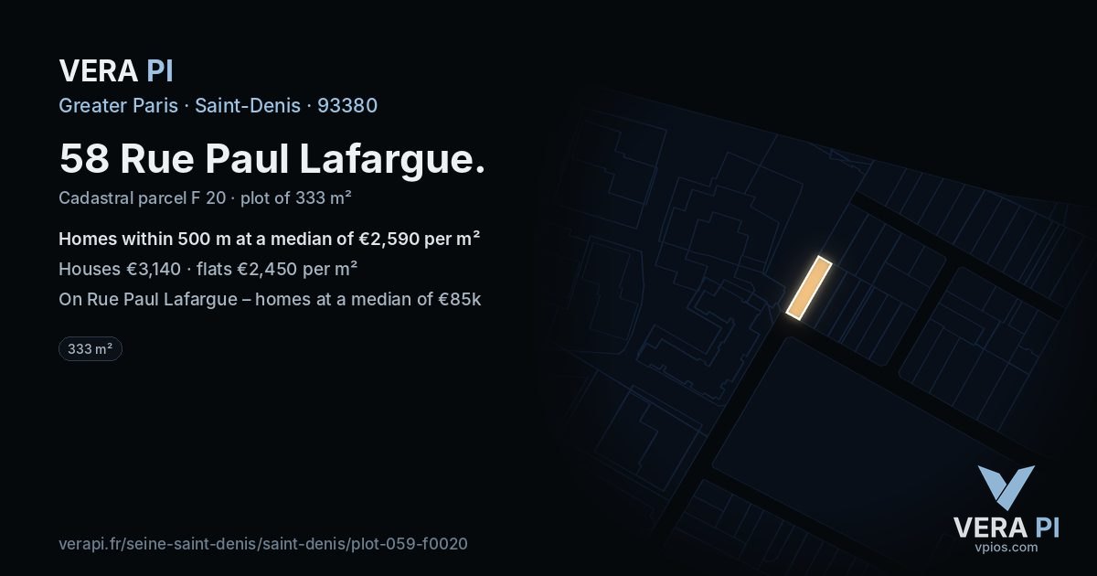 58 Rue Paul Lafargue, Saint-Denis at night – the plot lit, the parcels around coloured by the prices near them