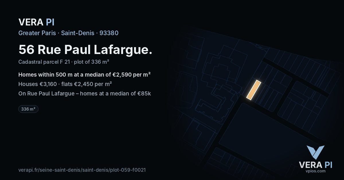 56 Rue Paul Lafargue, Saint-Denis at night – the plot lit, the parcels around coloured by the prices near them