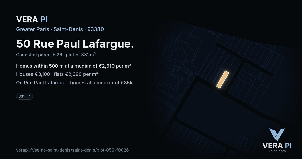 50 Rue Paul Lafargue, Saint-Denis at night – the plot lit, the parcels around coloured by the prices near them