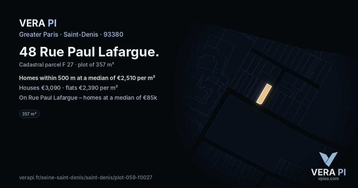 48 Rue Paul Lafargue, Saint-Denis at night – the plot lit, the parcels around coloured by the prices near them