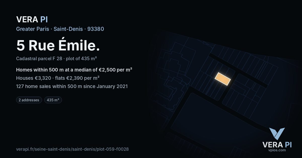 5 Rue Émile, Saint-Denis at night – the plot lit, the parcels around coloured by the prices near them