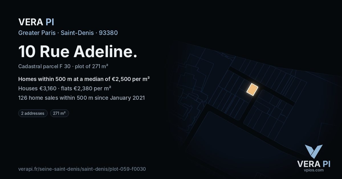 10 Rue Adeline, Saint-Denis at night – the plot lit, the parcels around coloured by the prices near them