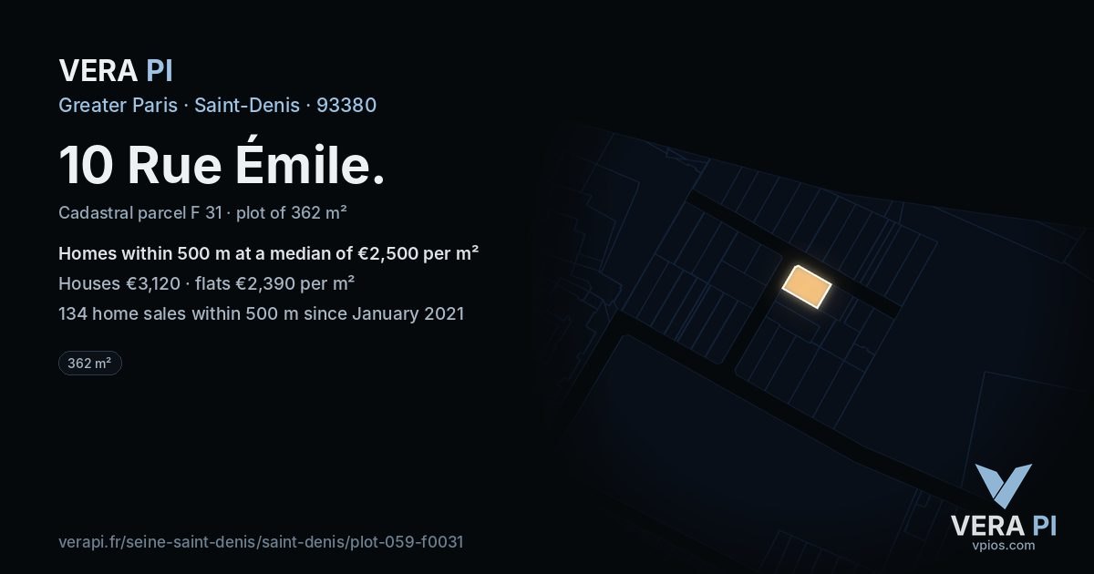 10 Rue Émile, Saint-Denis at night – the plot lit, the parcels around coloured by the prices near them