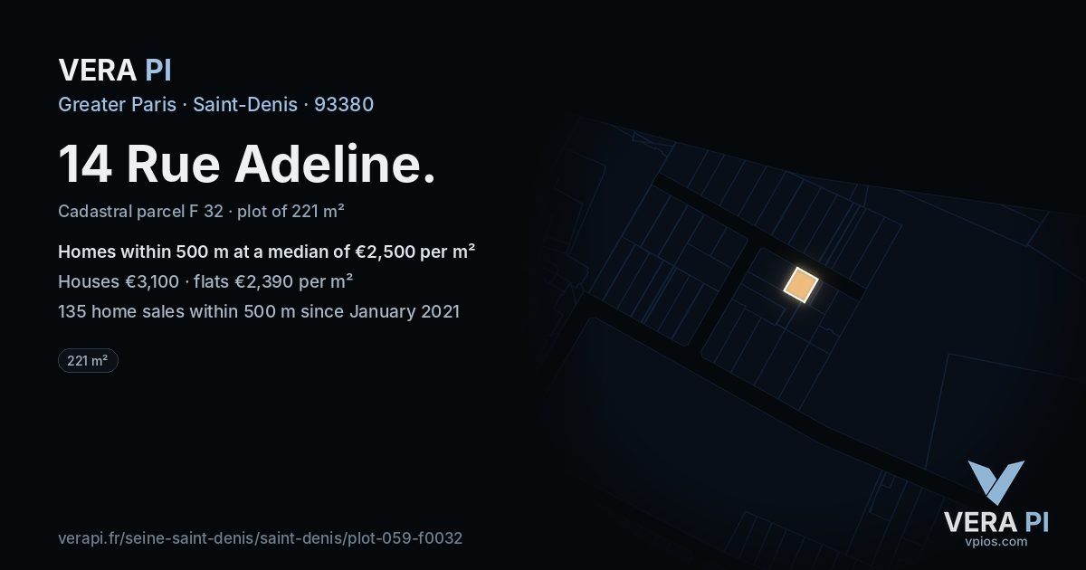 14 Rue Adeline, Saint-Denis at night – the plot lit, the parcels around coloured by the prices near them
