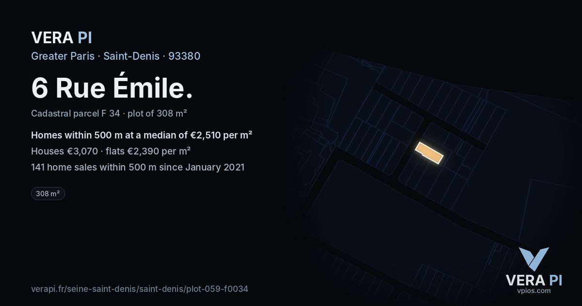 6 Rue Émile, Saint-Denis at night – the plot lit, the parcels around coloured by the prices near them