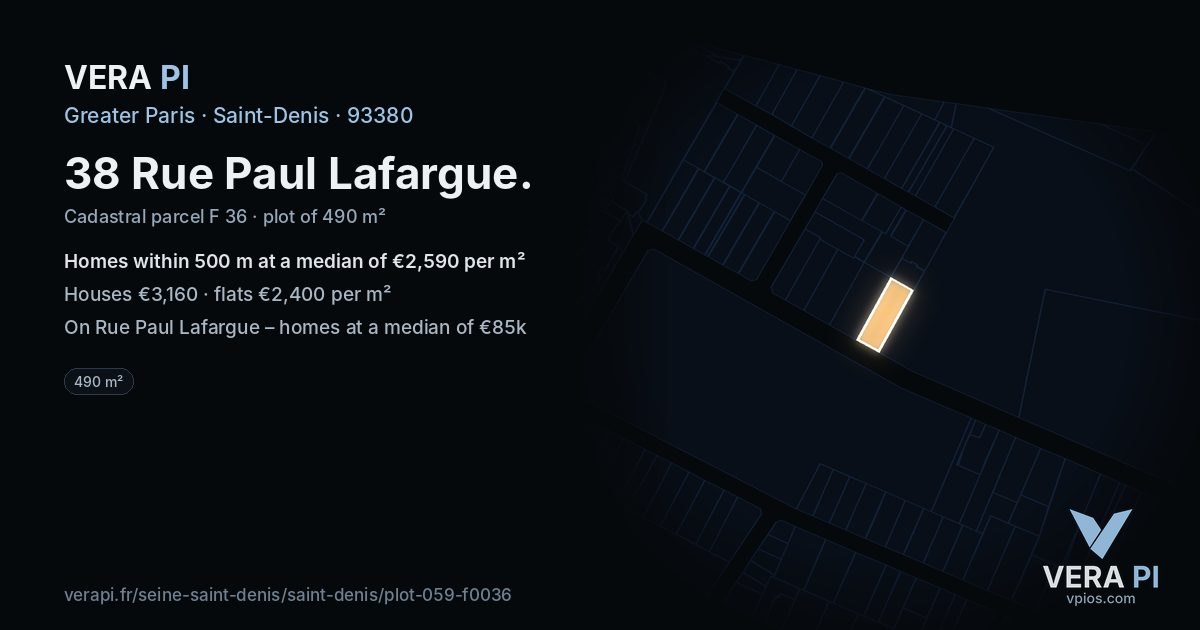38 Rue Paul Lafargue, Saint-Denis at night – the plot lit, the parcels around coloured by the prices near them
