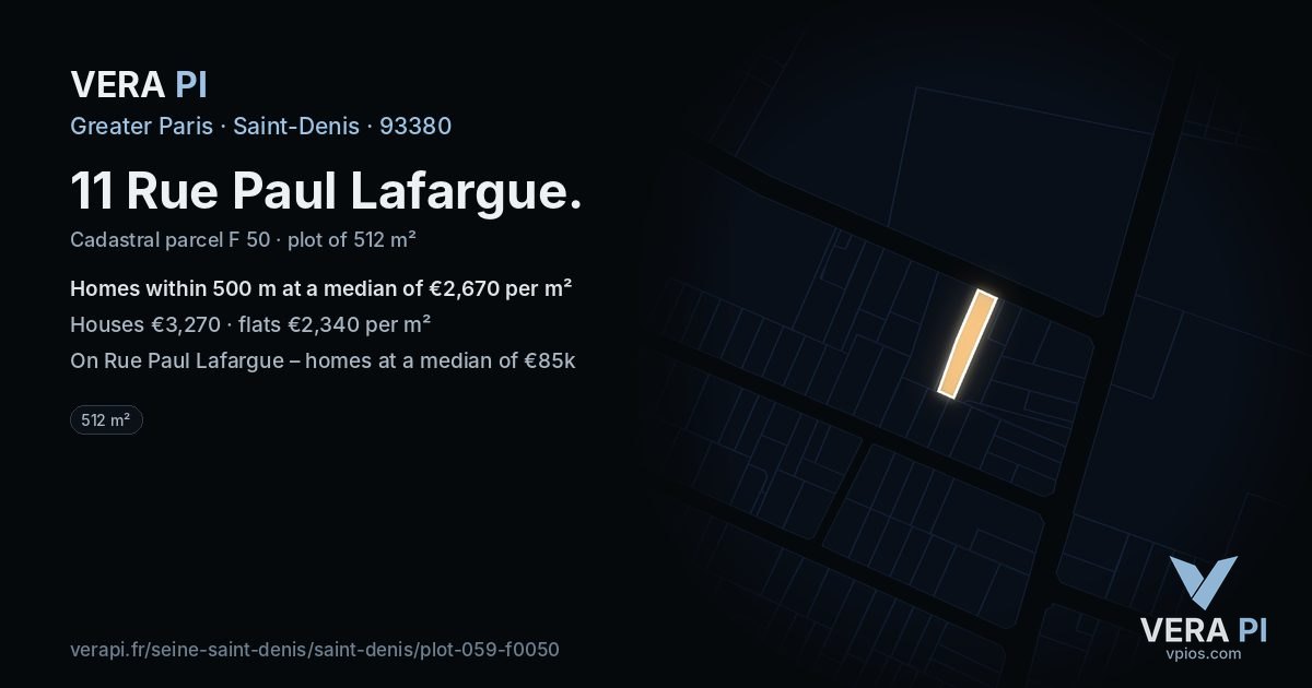 11 Rue Paul Lafargue, Saint-Denis at night – the plot lit, the parcels around coloured by the prices near them