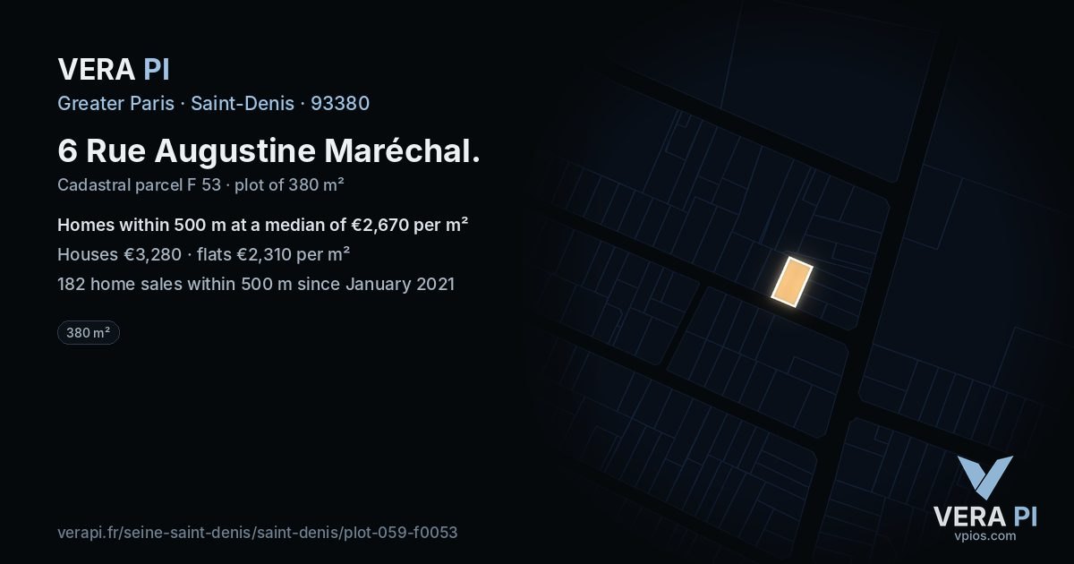 6 Rue Augustine Maréchal, Saint-Denis at night – the plot lit, the parcels around coloured by the prices near them