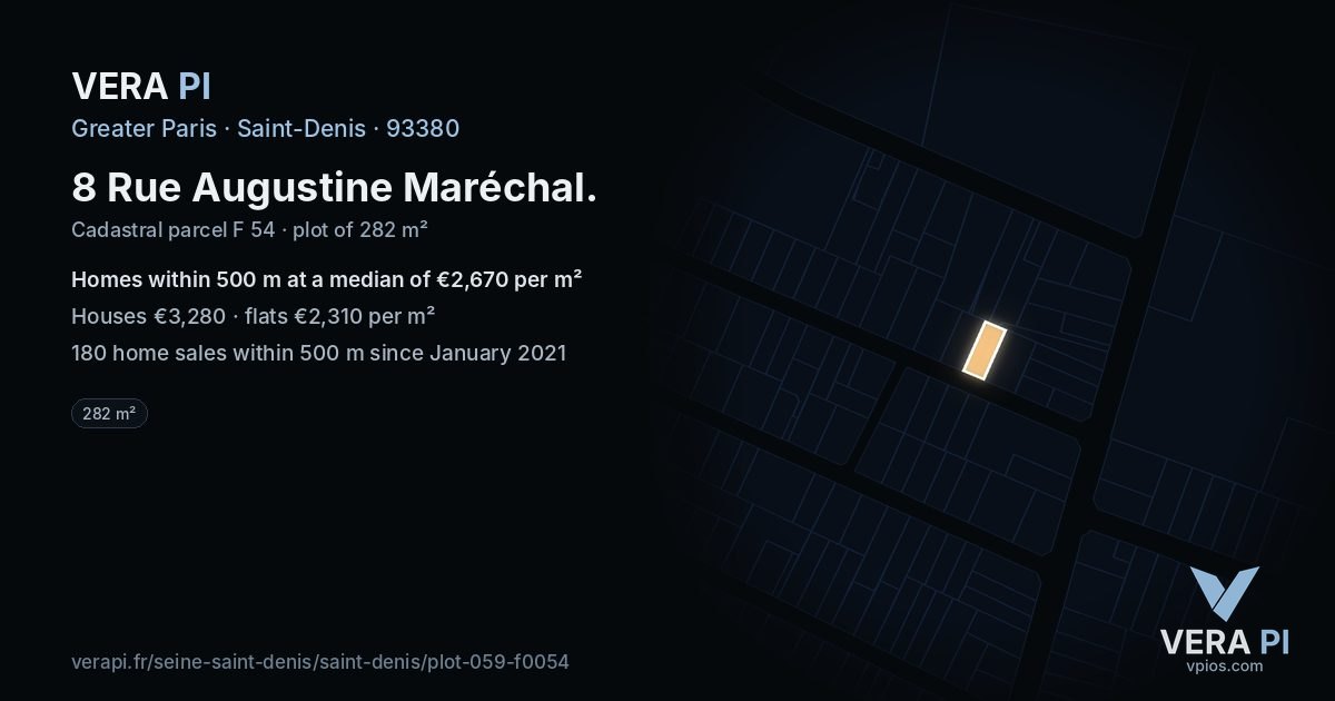 8 Rue Augustine Maréchal, Saint-Denis at night – the plot lit, the parcels around coloured by the prices near them