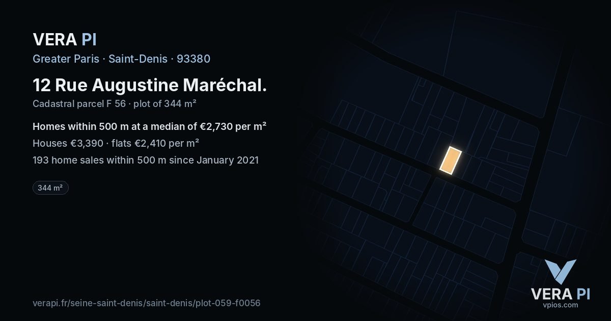 12 Rue Augustine Maréchal, Saint-Denis at night – the plot lit, the parcels around coloured by the prices near them