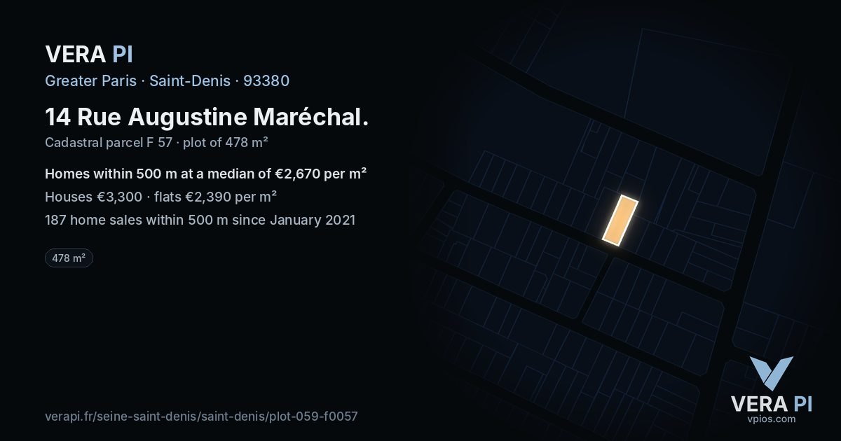 14 Rue Augustine Maréchal, Saint-Denis at night – the plot lit, the parcels around coloured by the prices near them
