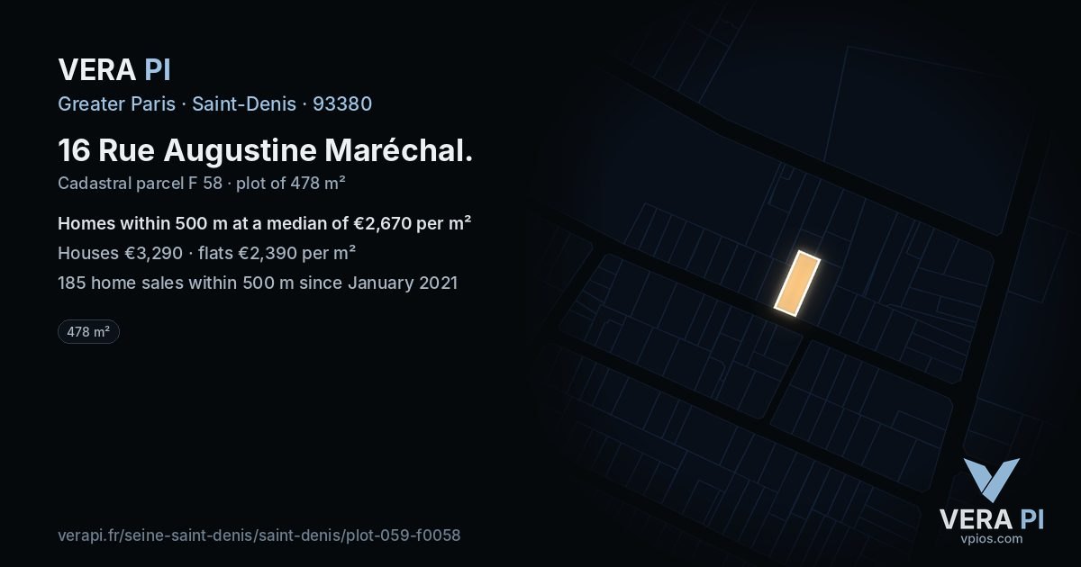 16 Rue Augustine Maréchal, Saint-Denis at night – the plot lit, the parcels around coloured by the prices near them