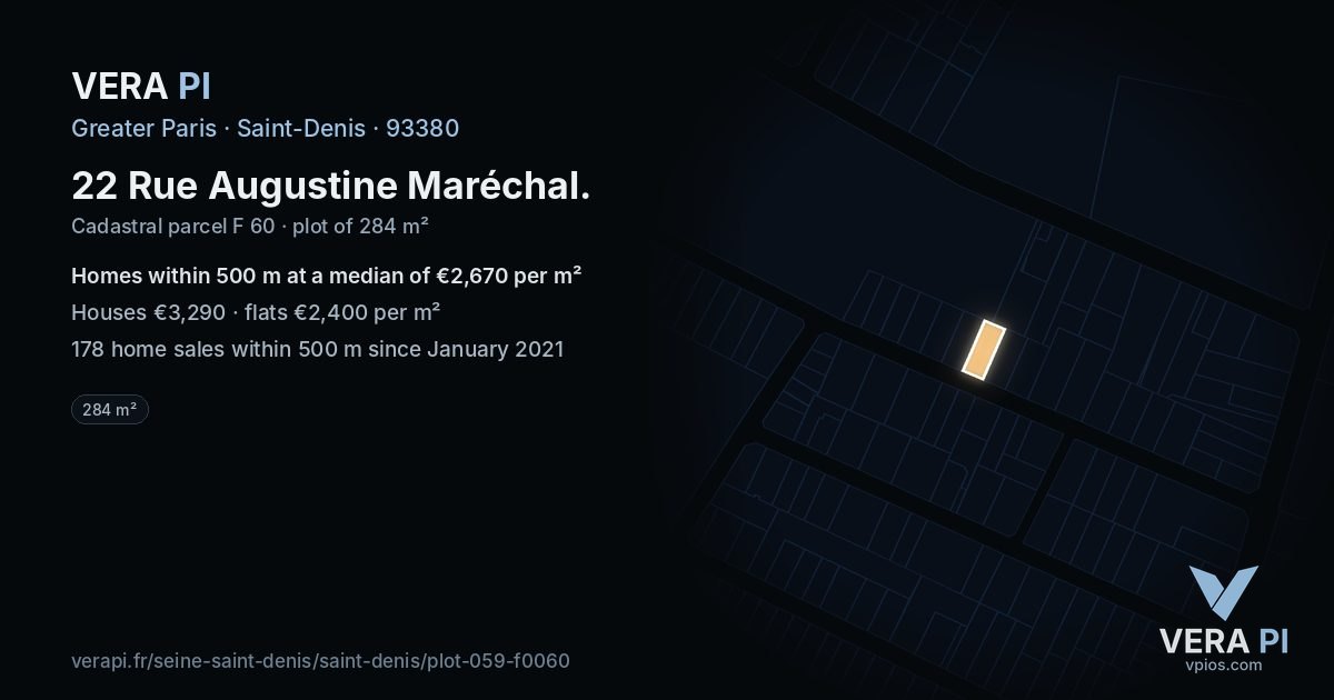 22 Rue Augustine Maréchal, Saint-Denis at night – the plot lit, the parcels around coloured by the prices near them