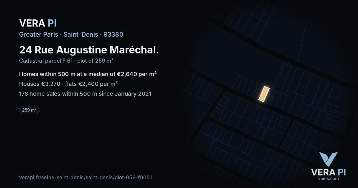 24 Rue Augustine Maréchal, Saint-Denis at night – the plot lit, the parcels around coloured by the prices near them