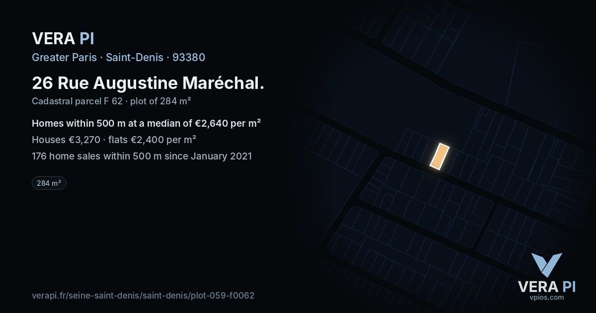 26 Rue Augustine Maréchal, Saint-Denis at night – the plot lit, the parcels around coloured by the prices near them