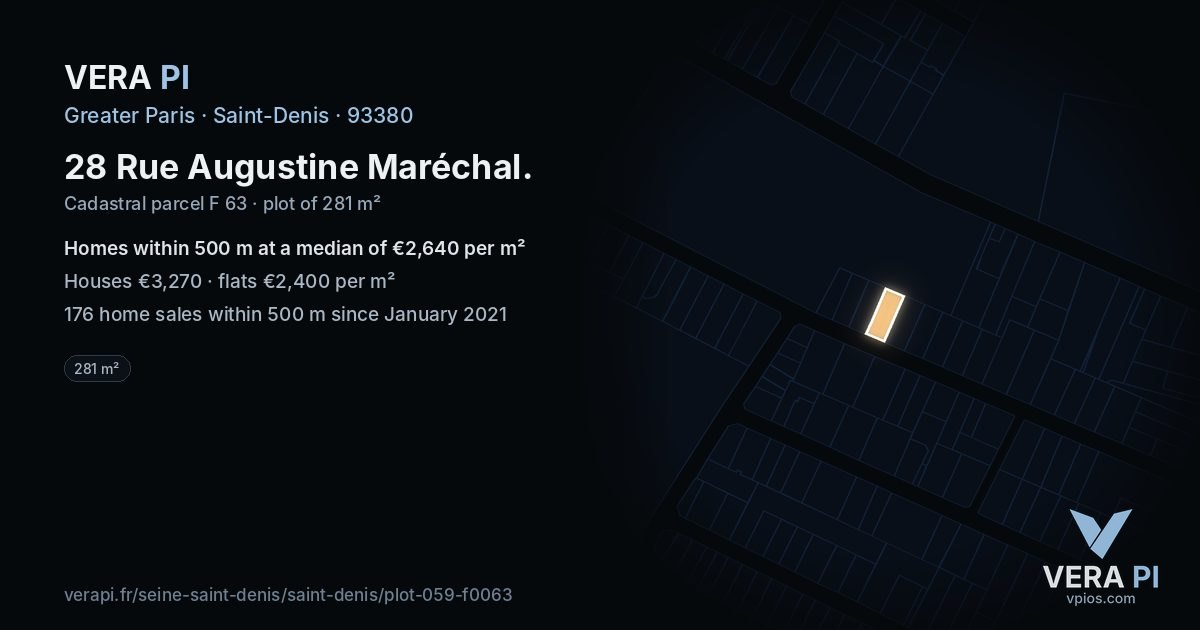 28 Rue Augustine Maréchal, Saint-Denis at night – the plot lit, the parcels around coloured by the prices near them
