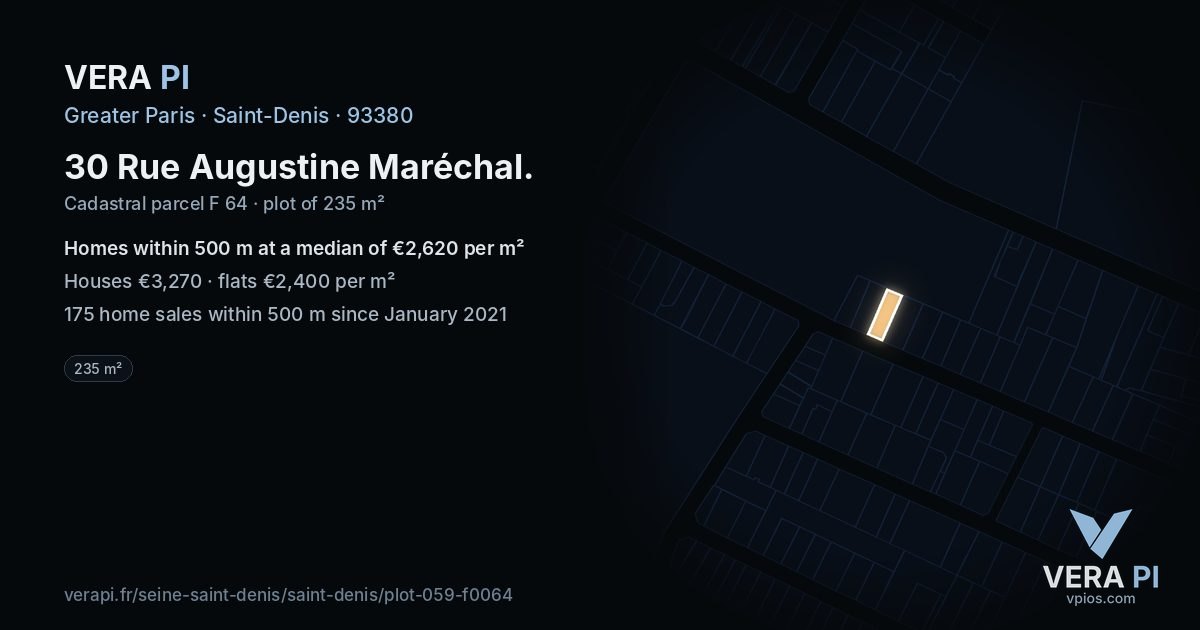 30 Rue Augustine Maréchal, Saint-Denis at night – the plot lit, the parcels around coloured by the prices near them