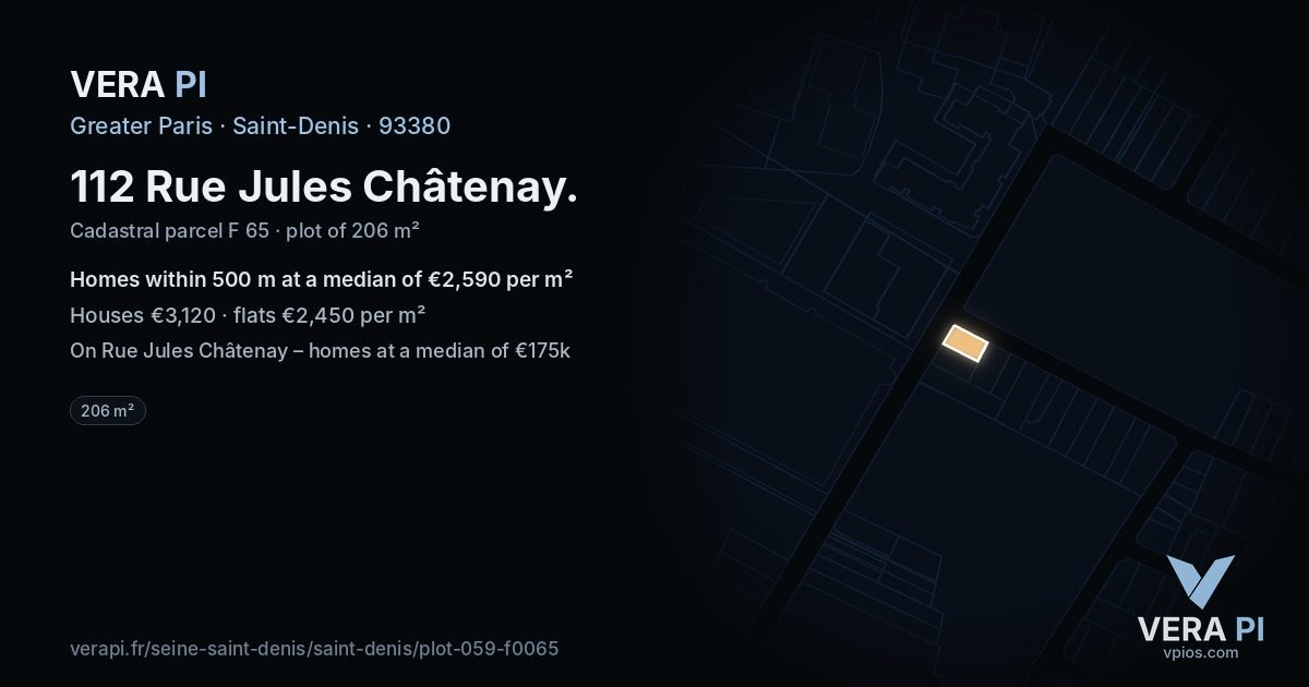 112 Rue Jules Châtenay, Saint-Denis at night – the plot lit, the parcels around coloured by the prices near them