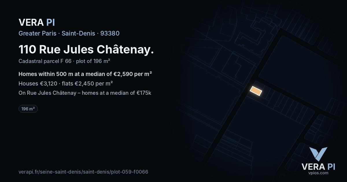 110 Rue Jules Châtenay, Saint-Denis at night – the plot lit, the parcels around coloured by the prices near them