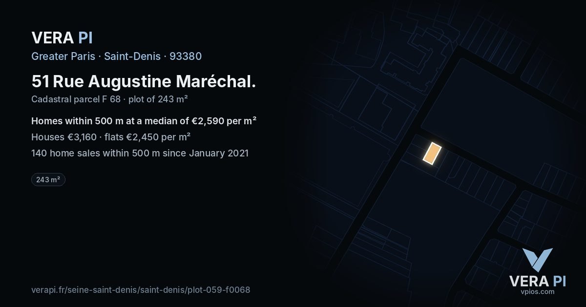 51 Rue Augustine Maréchal, Saint-Denis at night – the plot lit, the parcels around coloured by the prices near them