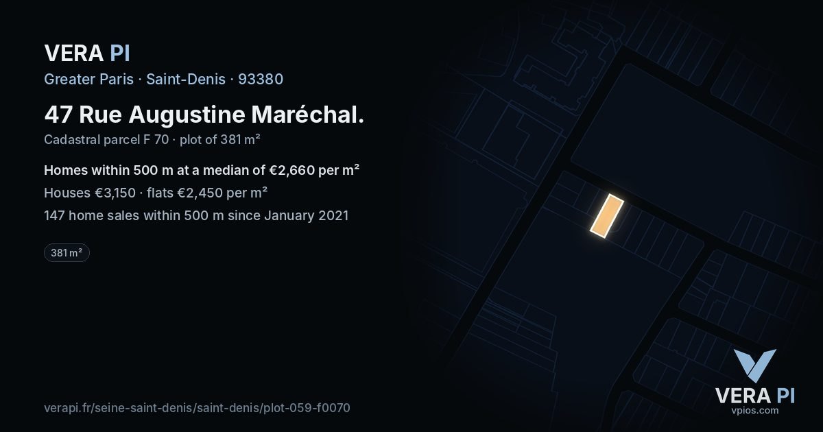 47 Rue Augustine Maréchal, Saint-Denis at night – the plot lit, the parcels around coloured by the prices near them