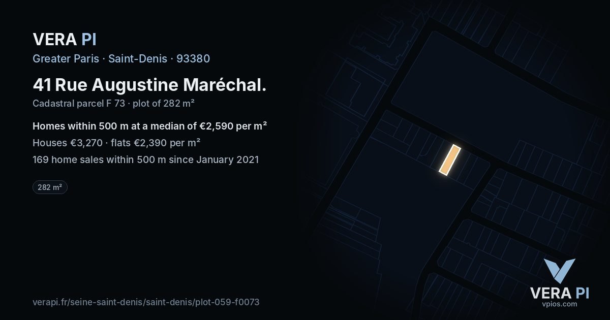 41 Rue Augustine Maréchal, Saint-Denis at night – the plot lit, the parcels around coloured by the prices near them