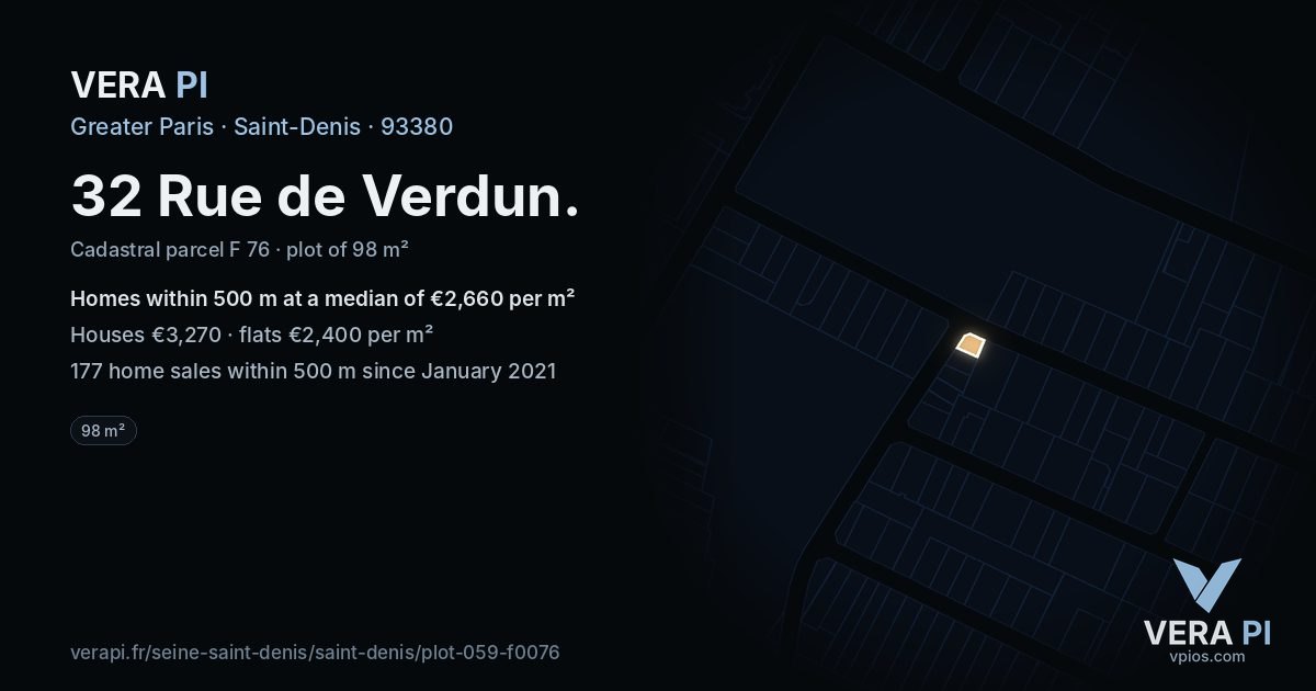 32 Rue de Verdun, Saint-Denis at night – the plot lit, the parcels around coloured by the prices near them