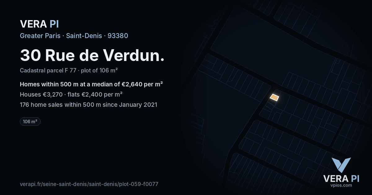 30 Rue de Verdun, Saint-Denis at night – the plot lit, the parcels around coloured by the prices near them