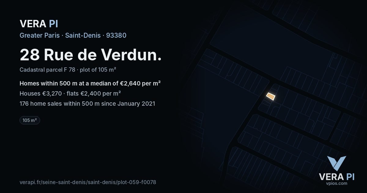 28 Rue de Verdun, Saint-Denis at night – the plot lit, the parcels around coloured by the prices near them