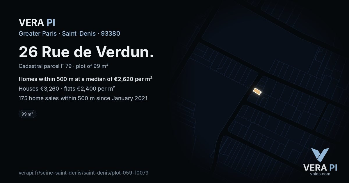 26 Rue de Verdun, Saint-Denis at night – the plot lit, the parcels around coloured by the prices near them