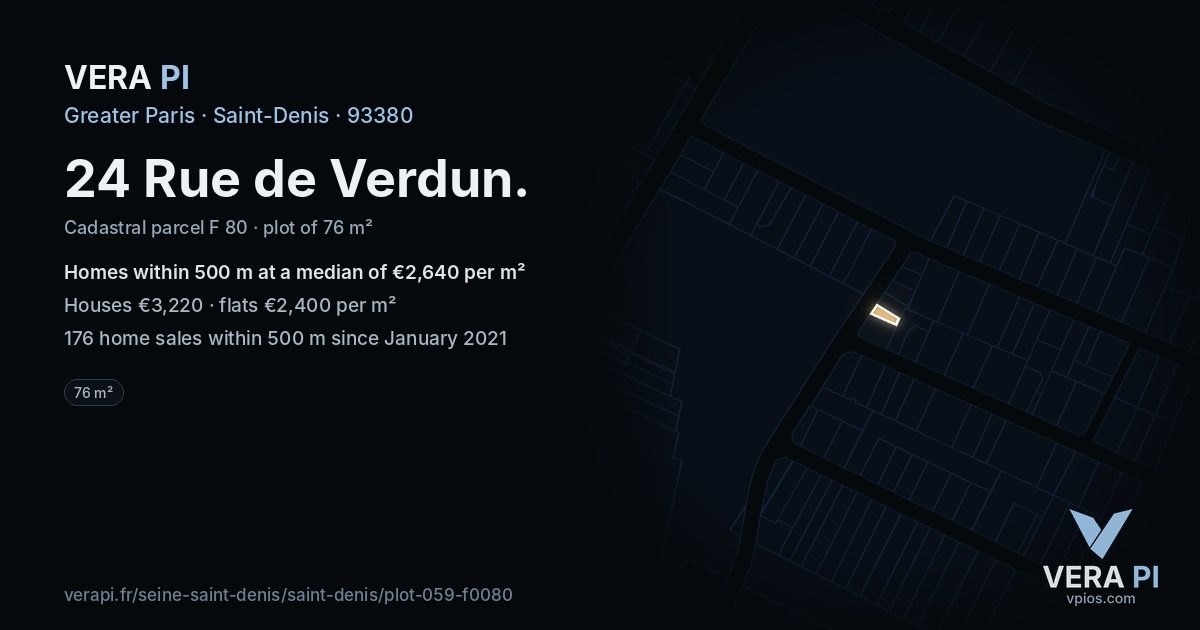 24 Rue de Verdun, Saint-Denis at night – the plot lit, the parcels around coloured by the prices near them