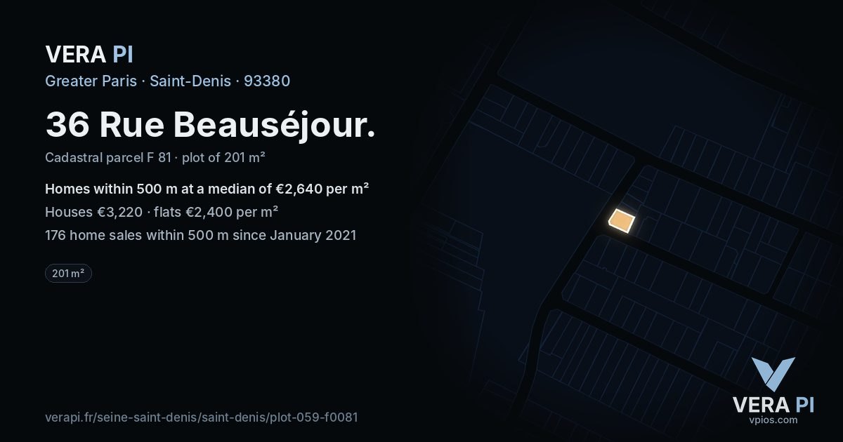 36 Rue Beauséjour, Saint-Denis at night – the plot lit, the parcels around coloured by the prices near them