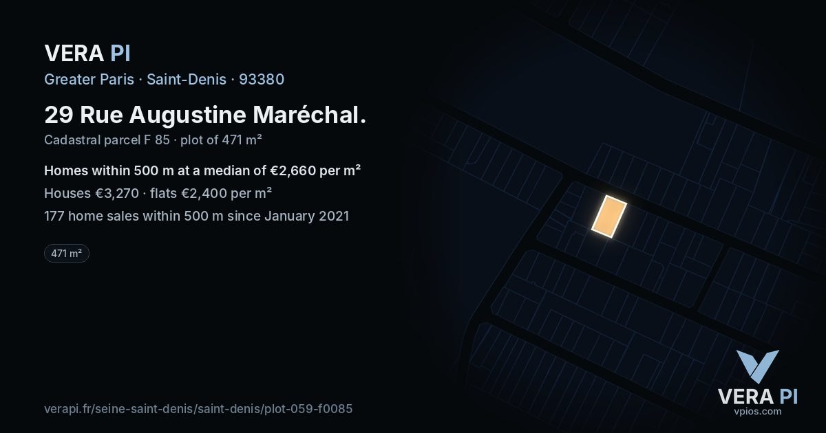 29 Rue Augustine Maréchal, Saint-Denis at night – the plot lit, the parcels around coloured by the prices near them